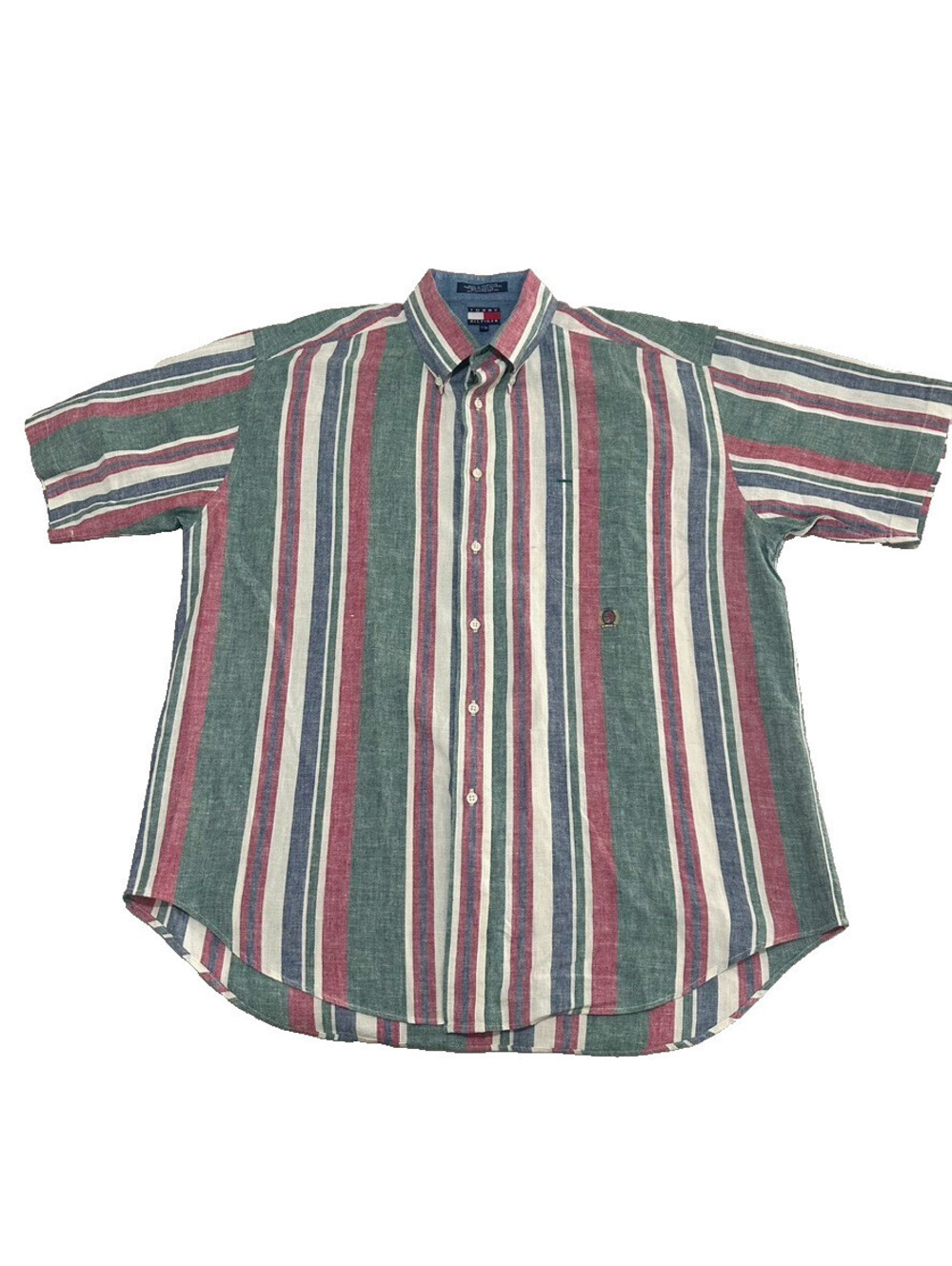 Vintage Tommy Hilfiger Linen Blend Shirt Men L Short Sleeve Striped Button
